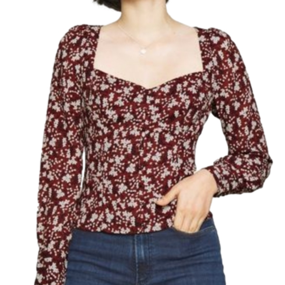 Abercrombie and Fitch Floral Sweetheart Peasant Blouse Smocked Sheer Size XS
